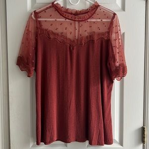 Perch copper sheer collar lace top blouse 1X